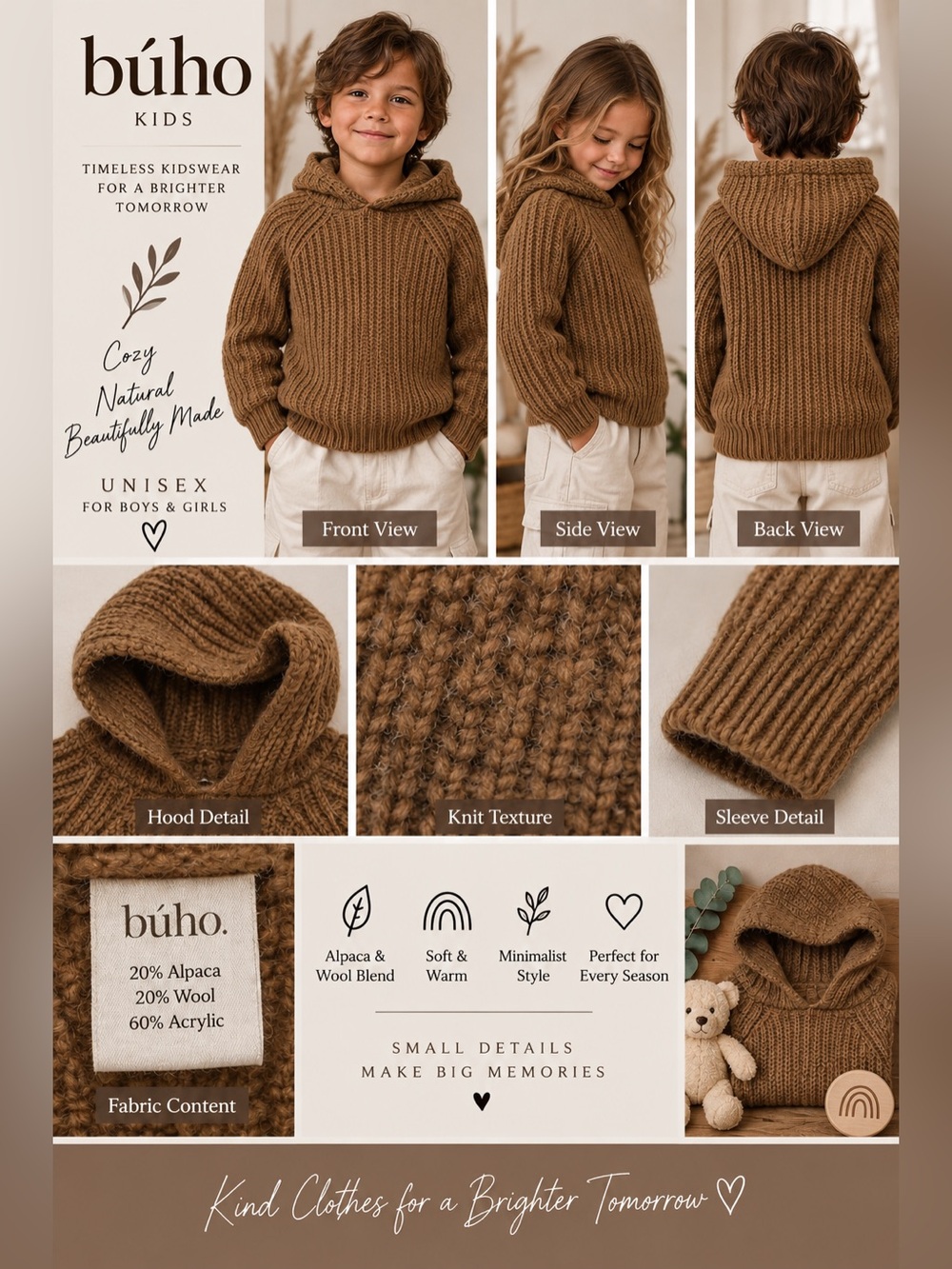 Búho Kids Chunky Knit Hooded Sweater Brown Alpaca Wool Blend Pullover